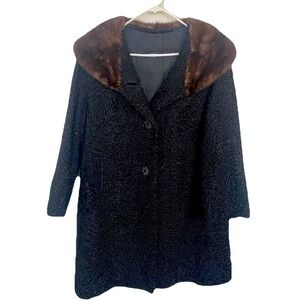 Vintage Curly Lamb‎ Fur Coat Black w/ Brown Mink Collar
